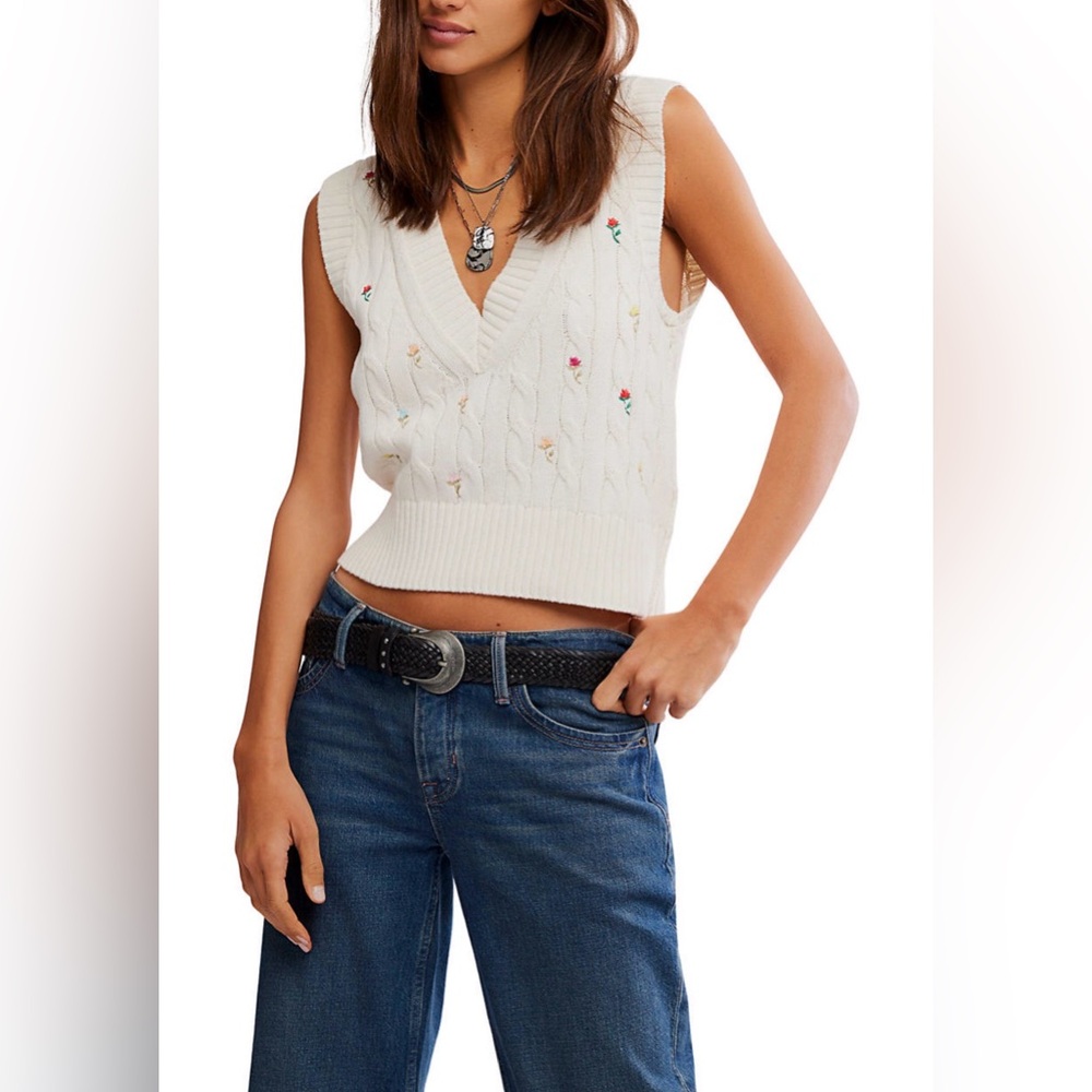 NWT Free People White V-Neck Sweater Vest with Floral Embroidery